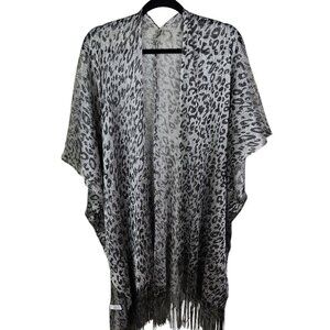 Leopard Print Silver Fringe Shawl Kimono Cover up Mesh Open Front One Size